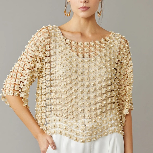Tuckernuck Tops - Stunning! NWT GOLD Crochet Pearl Top One Size Tuckernuck Beulah RIVR S M L